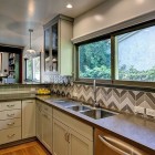 Kitchen Design Tile Appealing Kitchen Design With Chevron Tile Backsplash And Large Window At Modern Ranch House With Granite Countertop Decoration Stylish Modern Ranch Home Interior In Bright Color Decoration