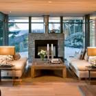 Wooden Fireplace Stone Appealing Wooden Fireplace On The Stone Brick Patterned Wall In Modern Cabin Design For House Installed In Living Room Decoration Luxurious Beautiful Private Cabin Surrounded By Forest Trees