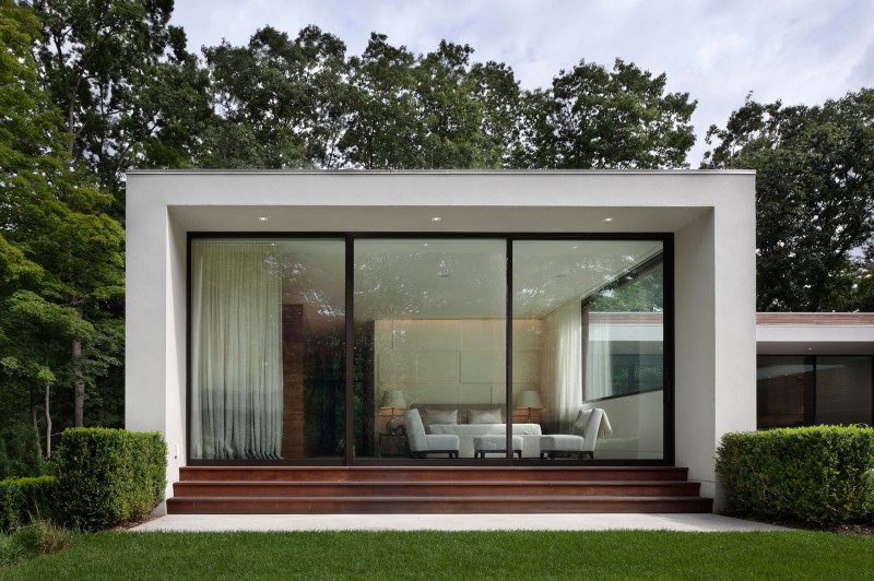 Wooden Glass White Appealing Wooden Glass Windows In White Painted Wall And Dark Gold Stairs In Front Of It Installed In New Canaan Residence Dream Homes Charming Modern House With Beautiful Courtyard And Structures