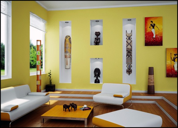 Living Room Wall Astonishing Living Room With African Wall Arts Decorated With Modern White Sofas And White Venetian Blinds On The Windows Living Room Astonishing Modern Living Room Design With Glass Wall Decorations