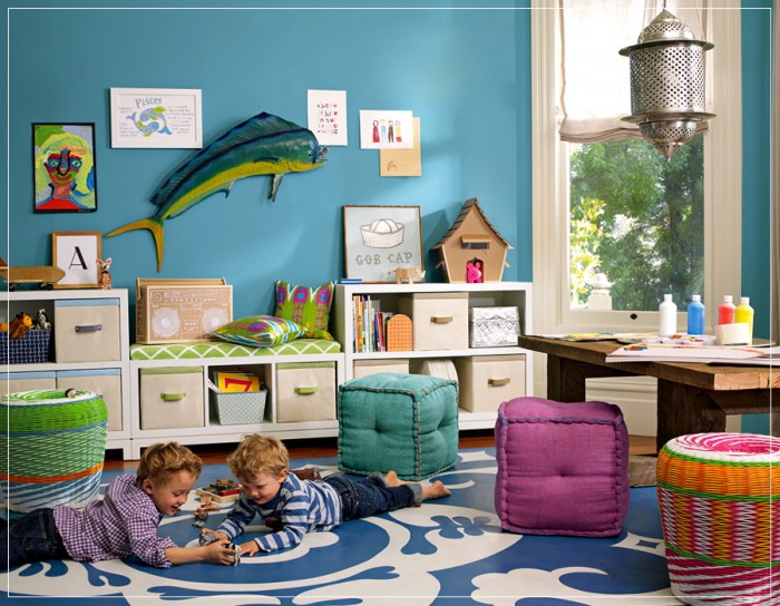 Kids Playroom Shelving Attractive Kids Playroom With White Shelving Units And Colorful Tufted Stools On White Blue Carpet With Rattan Basket Kids Room  Cheerful Kid Playroom With Various Themes And Colorful Design