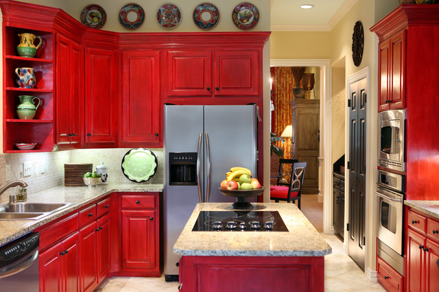 Red Painted In Attractive Red Painted Kitchen Cabinet In Traditional Kitchen Applied Granite Countertop And Tile Backsplash Ideas Kitchens  Colorful Kitchen Cabinets For Eye Catching Paint Colors