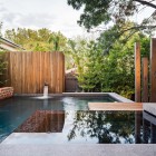 Design Of Backyard Awesome Design Of Maroon Modern Backyard Project With Swimming Pool With Wood Fence And Leafy Tree Decoration Beautiful Modern Backyard Ideas To Relax You At Charming Home