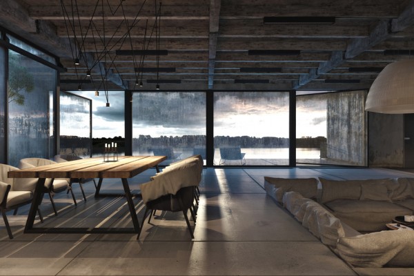 Dining Room Displaying Awesome Dining Room Interior Scheme Displaying Natural Dark Accent Of Cloudy Outdoor With Track Lamp Set Dream Homes Modern Industrial Interior Design With Exposed Ceiling And Structural Glass Floors