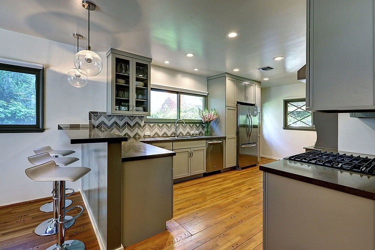 Kitchen Design Cabinet Awesome Kitchen Design With Grey Cabinet And Chevron Tile Backsplash At Modern Ranch House With Chrome Stools Decoration Stylish Modern Ranch Home Interior In Bright Color Decoration