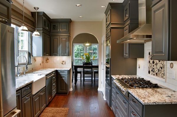 Kitchen Room Counter Awesome Kitchen Room With Marble Countertop Beside Stove Under The Chimney In Silver Color Design Kitchens Candid Kitchen Cabinet Design In Luminous Contemporary Style