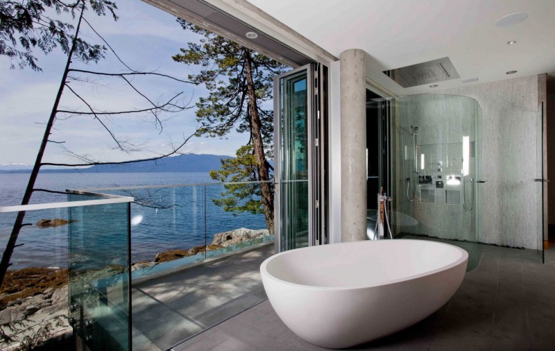Lake View Classy Awesome Lake View From Adorable Classy Pender Harbour House Transparent Glass Railing Porcelain White Bathtub Concrete Deck Small Shower Cabin Architecture Stunning Waterfront House With Lush Forest Landscape