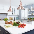 White Painted At Awesome White Painted Kitchen Cabinet At Contemporary Kitchen With Mosaic Tile Backsplash And Brass Pendant Lamps Kitchens Colorful Kitchen Cabinets For Eye Catching Paint Colors