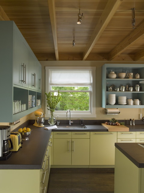 Contemporary Kitchen The Beautiful Contemporary Kitchen Design Inside The House With Small Window Applied Green Painted Kitchen Cabinet Kitchens Colorful Kitchen Cabinets For Eye Catching Paint Colors