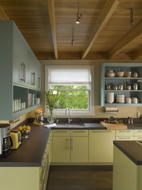 Contemporary Kitchen The Beautiful Contemporary Kitchen Design Inside The House With Small Window Applied Green Painted Kitchen Cabinet Kitchens  Colorful Kitchen Cabinets For Eye Catching Paint Colors