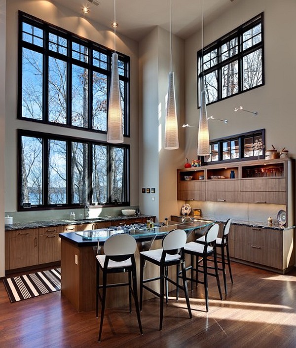 High Ceiling Design Beautiful High Ceiling Lamps Kitchen Design With Glass Countertop Feat White Chairs That Glass Windows Add Nice The Area Decoration Artistic High Ceiling Decorating In Bright Room Interior Style 