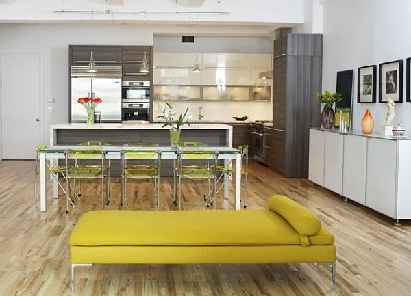 Loft Large Green Beautiful Loft Large Kitchen With Green Lounge Beside Glass Table Feat Planters That Make Fresh Atmosphere In The Room Kitchens Candid Kitchen Cabinet Design In Luminous Contemporary Style