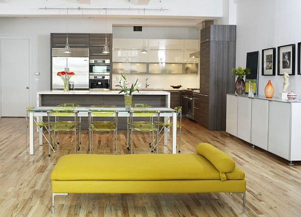 Loft Large Green Beautiful Loft Large Kitchen With Green Lounge Beside Glass Table Feat Planters That Make Fresh Atmosphere In The Room Kitchens  Candid Kitchen Cabinet Design In Luminous Contemporary Style