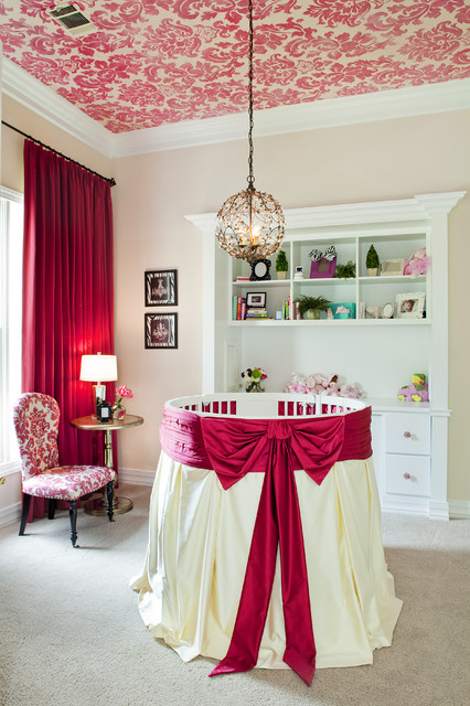 Magenta Satin Round Beautiful Magenta Satin Surrounding White Round Crib In Bow Style To Enhance Baby Girl Nursery With Patterned Ceiling Kids Room Adorable Round Crib Decorated By Vintage Ornaments In Small Room