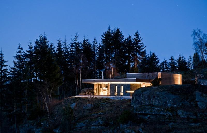 Views At In Beautiful Views At The Night In Modern Cabin Design For House Surrounded Stone Wall And Many Green Trees Decoration  Luxurious Beautiful Private Cabin Surrounded By Forest Trees