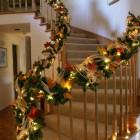 Striped Lighting Illumination Bright Striped Lighting Installed As Illumination Along Stairs Balustrade With Green Red Staircase Christmas Decor Decoration Magnificent Christmas Decorations On The Staircase Railing