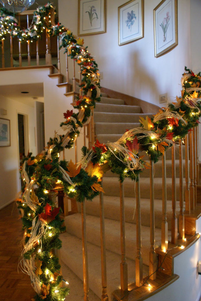 Striped Lighting Illumination Bright Striped Lighting Installed As Illumination Along Stairs Balustrade With Green Red Staircase Christmas Decor Decoration  Magnificent Christmas Decorations On The Staircase Railing