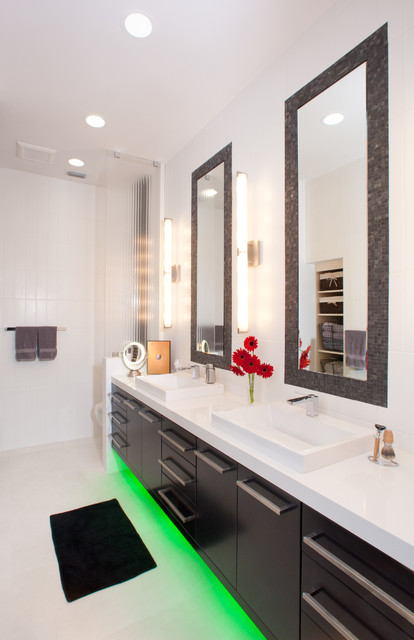 Bathroom Design House Brilliant Bathroom Design In Contemporary House With Green Led Under Cabinet Lighting And Dark Wood Vanity Decoration Stylish Home With Smart Led Under Cabinet Lighting Systems For Attractive Styles