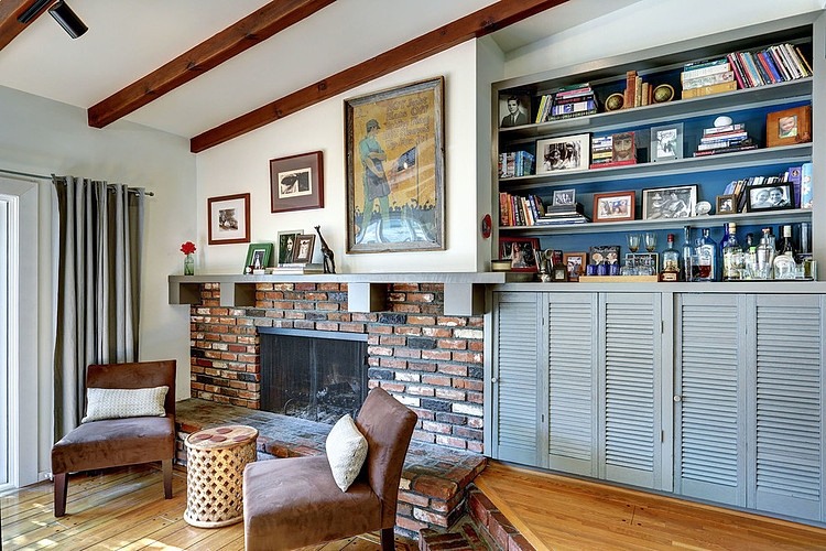 Family Room Exposed Brilliant Family Room Design With Exposed Brick Fireplace In Modern Ranch House With Hardwood Flooring Ideas Decoration Stylish Modern Ranch Home Interior In Bright Color Decoration