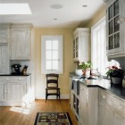 Farmhouse Kitchen White Brilliant Farmhouse Kitchen Design With White Painted Kitchen Cabinet And Hardwood Floor Also Black Countertop Idea Kitchens Colorful Kitchen Cabinets For Eye Catching Paint Colors