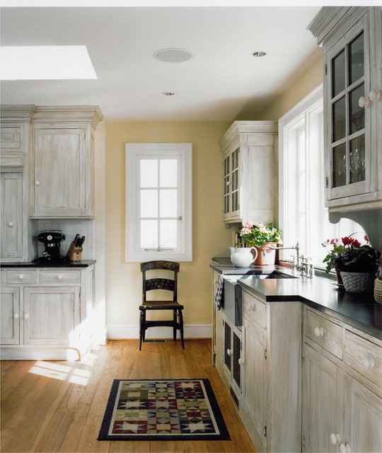 Farmhouse Kitchen White Brilliant Farmhouse Kitchen Design With White Painted Kitchen Cabinet And Hardwood Floor Also Black Countertop Idea Kitchens  Colorful Kitchen Cabinets For Eye Catching Paint Colors