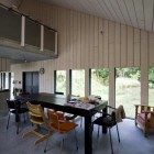 Chimney House Displaying Captivating Chimney House Interior Layout Displaying Wooden Striped Wall With Wood Glass Windows On It Beside Dining Room Architecture Elegant Chimney House With Striped Walls And Rectangular Floor Plans