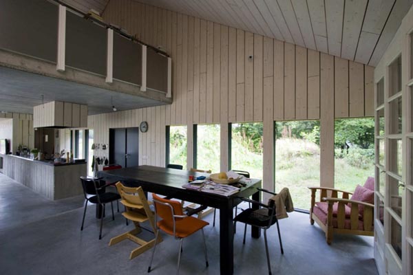 Chimney House Displaying Captivating Chimney House Interior Layout Displaying Wooden Striped Wall With Wood Glass Windows On It Beside Dining Room Architecture  Elegant Chimney House With Striped Walls And Rectangular Floor Plans