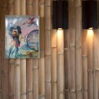Bamboo Patterned Dark Charming Bamboo Patterned Wall And Dark Wall Lamp On It Beautified With Animation Mural In Modern Decorative Terrace Decoration Beautiful Bamboo Wall In Natural Terrace Decorations
