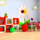 Primary Colored Clouds Charming Primary Colored Child's Playroom Clouds And Flowers Blonde Wood Flooring Beautified With White And Red Cabinets Kids Room Cheerful Kid Playroom With Various Themes And Colorful Design