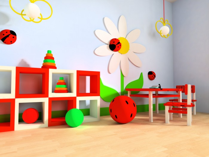 Primary Colored Clouds Charming Primary Colored Child's Playroom Clouds And Flowers Blonde Wood Flooring Beautified With White And Red Cabinets Kids Room Cheerful Kid Playroom With Various Themes And Colorful Design