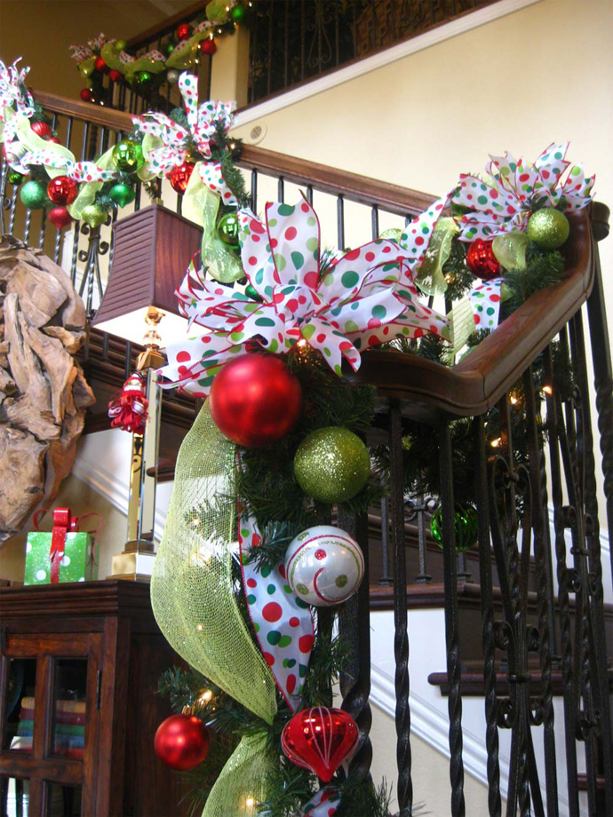 Jinggle Bells Dot Cheerful Jingle Bells With Polka Dot Patterned Ribbon Attached As Staircase Christmas Decor With Green Plantation Decoration  Magnificent Christmas Decorations On The Staircase Railing