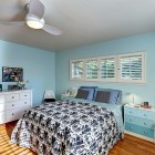 Bedroom Design Ranch Chic Bedroom Design In Modern Ranch House With Blind Window And Blue Painted Wall Also Hardwood Flooring Idea Decoration Stylish Modern Ranch Home Interior In Bright Color Decoration
