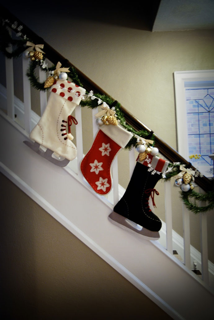 Socks Designed Patterned Chic Socks Designed With Flower Patterned Linen Boots And Sky Boots Theme Hanging On Staircase Christmas Decor Decoration  Magnificent Christmas Decorations On The Staircase Railing