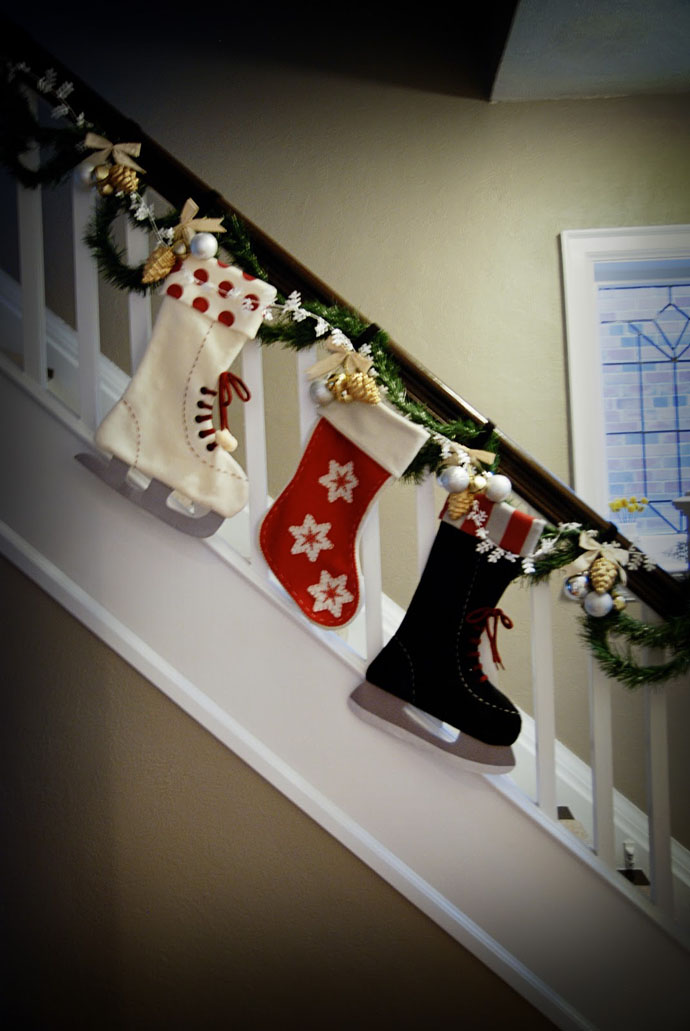 Socks Designed Patterned Chic Socks Designed With Flower Patterned Linen Boots And Sky Boots Theme Hanging On Staircase Christmas Decor Decoration Magnificent Christmas Decorations On The Staircase Railing