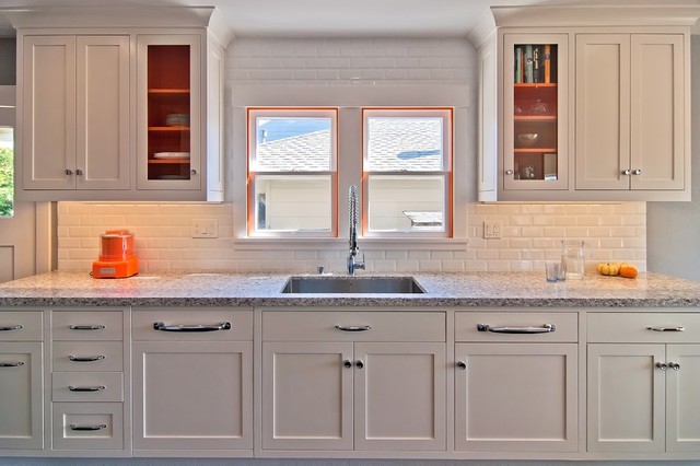 White Painted In Clean White Painted Kitchen Cabinet In Eclectic Kitchen Design With Marble Countertop And White Tile Backsplash Idea Kitchens  Colorful Kitchen Cabinets For Eye Catching Paint Colors