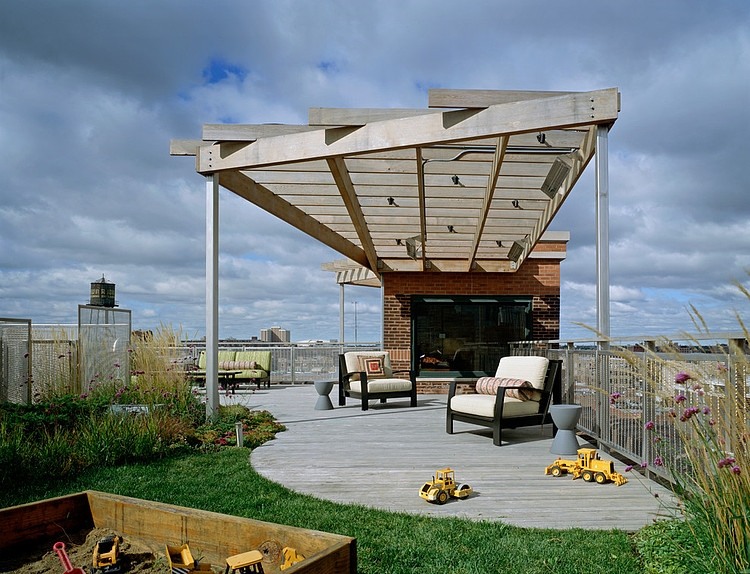 Exterior View West Clear Exterior View In The West Loop Aerie Scrafano Architects Showing Nice Chairs And Planters Also Architecture Small Home Design With Splendid Wood Pillars And Steel Construction