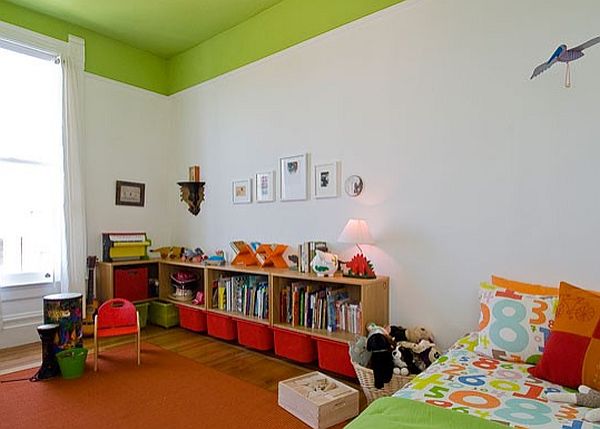 Bedroom Design Room Colorful Bedroom Design In Kids Room Area With Orange And Red Pillows Beside Storage Feat All Of Accessories Completed The Room Decoration  Artistic High Ceiling Decorating In Bright Room Interior Style 