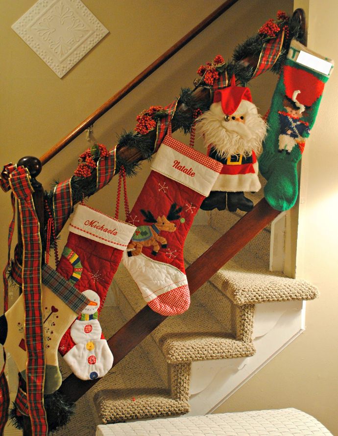 Santa Themed As Colorful Santa Themed Socks Installed As Staircase Christmas Decor With Green And Red Colored Ribbon On Handrail Decoration  Magnificent Christmas Decorations On The Staircase Railing