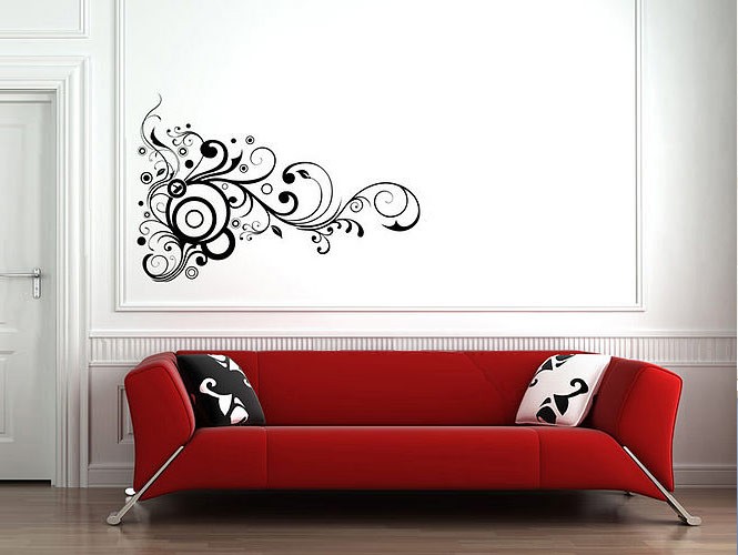 Wall Sticker White Comfortable Wall Sticker Black On White Swirls For Entry Way Interior Decorated With Modern Red Sofa Furniture And Black And White Cushion Design Decoration  Unique Wall Sticker Decor For Your Elegant Residence Interiors