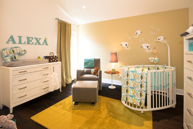 Yellow And Kids Contemporary Yellow And White Themed Kids Bedroom Idea With White Round Crib Involving Patterned Bedspread Kids Room Adorable Round Crib Decorated By Vintage Ornaments In Small Room