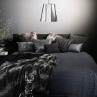 Bedroom Design Comfy Cool Bedroom Design Of Charming Aura Comfy Bed Linen Bedroom With Several Dark Colored Pillows And Silver Cover Of Pendant Lamp Bedroom Beautiful Bed Linens From The Adorable Aura Bedroom Themes