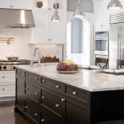 Industrial Kitchen Triple Cool Industrial Kitchen Design With Triple Pendant Lamp With White Kitchen Cupboards Paint And Marble Countertop Kitchens Fantastic Kitchen Cupboards Paint Ideas With Chic Cupboards Arrangements