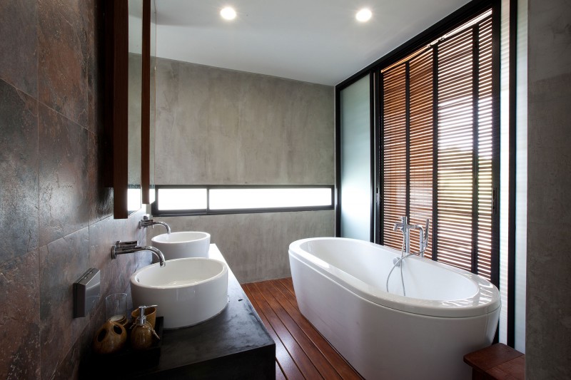 Porcelain Bathtub Glass Cool Porcelain Bathtub Wood Floor Glass Wall Tough Marble Wall Shiny Ceiling Lights Concrete Bathroom Vanity With Round Sinks Architecture Elegant Concrete Home With Spacious And Modern Style In Thailand