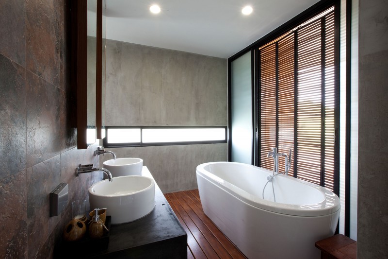 Porcelain Bathtub Glass Cool Porcelain Bathtub Wood Floor Glass Wall Tough Marble Wall Shiny Ceiling Lights Concrete Bathroom Vanity With Round Sinks Architecture  Elegant Concrete Home With Spacious And Modern Style In Thailand