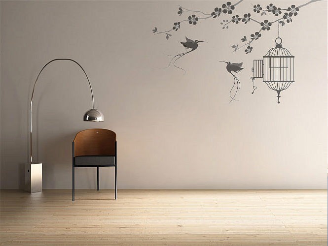 Wall Stickers Cage Cool Wall Stickers Birds And Cage Design In Relaxing Room Completed With Small Modern Chair Furniture And Industrial Lampshade Design Ideas Decoration  Unique Wall Sticker Decor For Your Elegant Residence Interiors