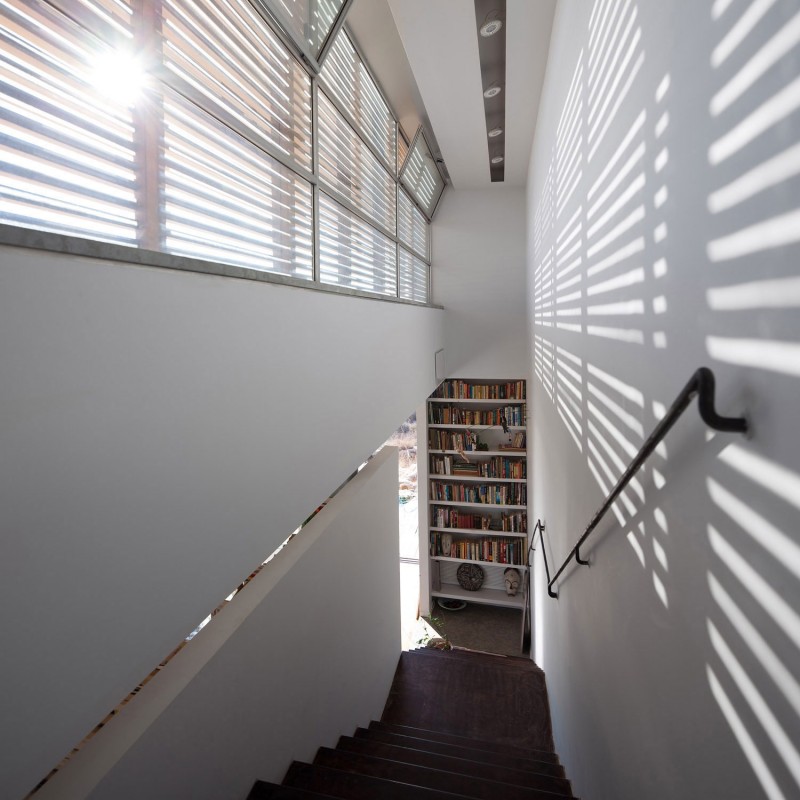 White Painted Empty Cool White Painted Wall In Empty Space Of Artistic Clutter House Furnished Wooden Constructed Ladder And Windows Without Glass Decoration  Surprising Home Decoration With An Open Landscape Of Seaside Views