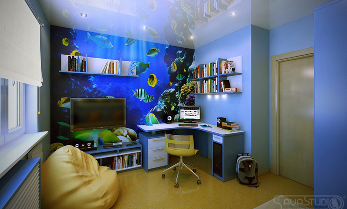 Deep Sea As Creative Deep Sea View Displayed As Mural On Center Wall Of Sava Studio Home Bedroom For Kids Featured With Light Decoration Fantastic Room Decorations To Make A Comfortable Living Space