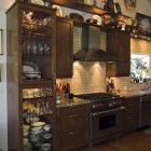 Kitchen Applied And Eclectic Kitchen Applied Wooden Floor And Dark Wood Kitchen Cupboards Ideas With Patterned Tile Backsplash Too Kitchens Deluxe Kitchen Cupboards Ideas With Enchanting Kitchen Designs