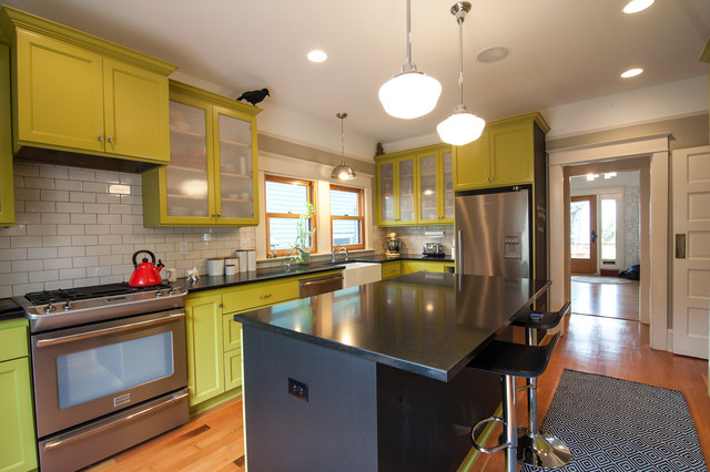 Kitchen Design Painted Eclectic Kitchen Design With Green Painted Kitchen Cabinet And Tile Backsplash Also Black Island With Chrome Stools Kitchens Colorful Kitchen Cabinets For Eye Catching Paint Colors