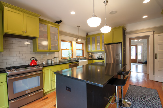 Kitchen Design Painted Eclectic Kitchen Design With Green Painted Kitchen Cabinet And Tile Backsplash Also Black Island With Chrome Stools Kitchens  Colorful Kitchen Cabinets For Eye Catching Paint Colors